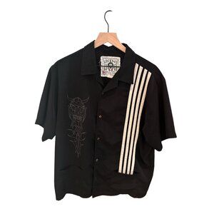 Lucky 13 Rockabilly Bowling Shirt Black White Pinstripe Devil Graphic USA Made L